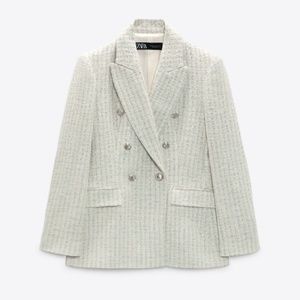 ZARA DOUBLE BREASTED TEXTURED WEAVE JACKET BLAZER GREEN ECRU 7553/740 XL NWT